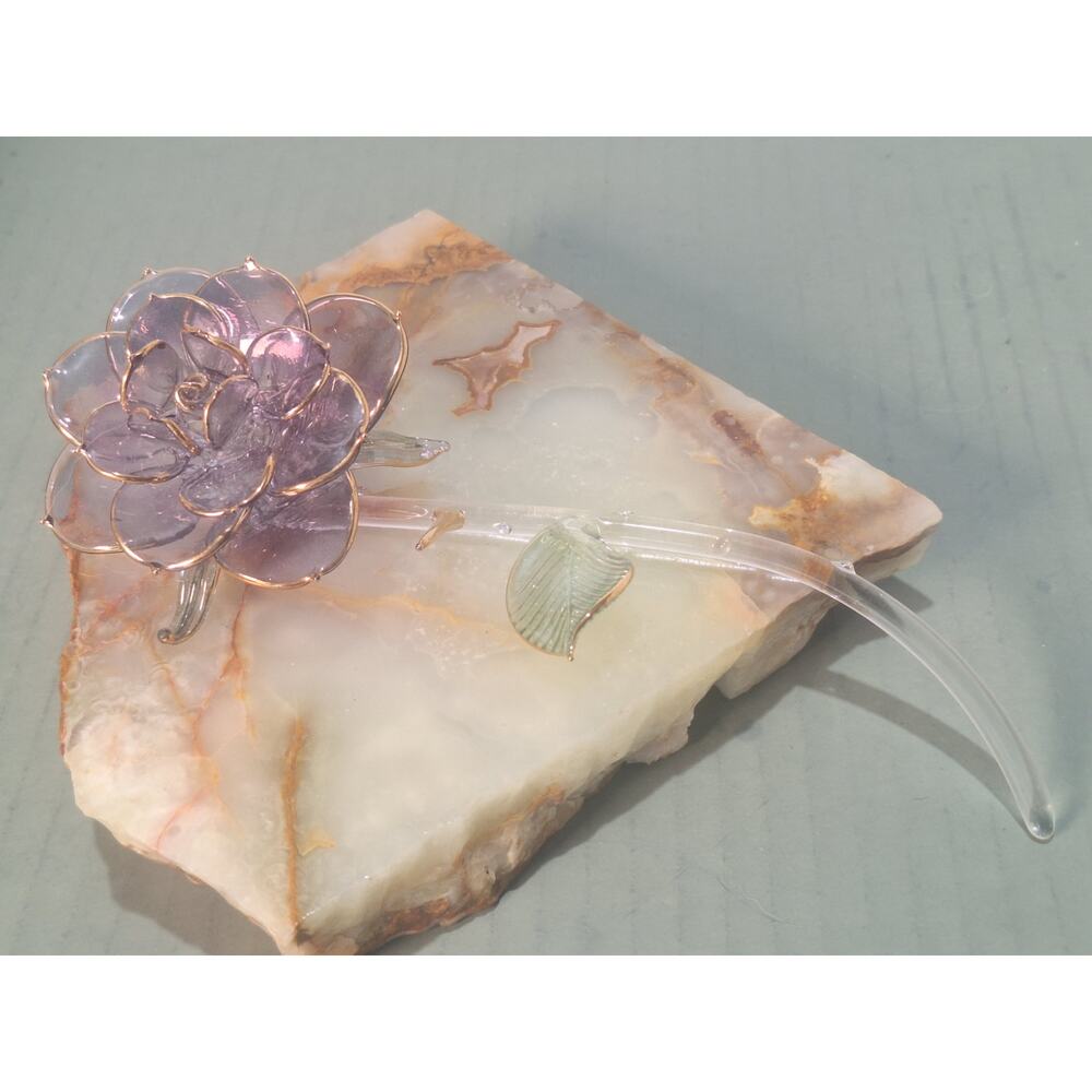 Vintage Hand Blown Lavender Glass Rose Gold Trim Floral Sculpture Figurine